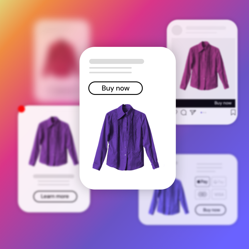 Purple shirt with a "Buy now" button in a retail interface, illustrating real-time personalization.