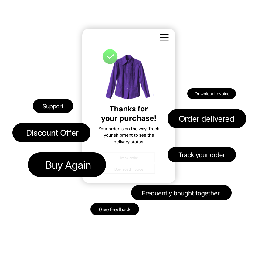 Mobile order confirmation screen with a purple shirt