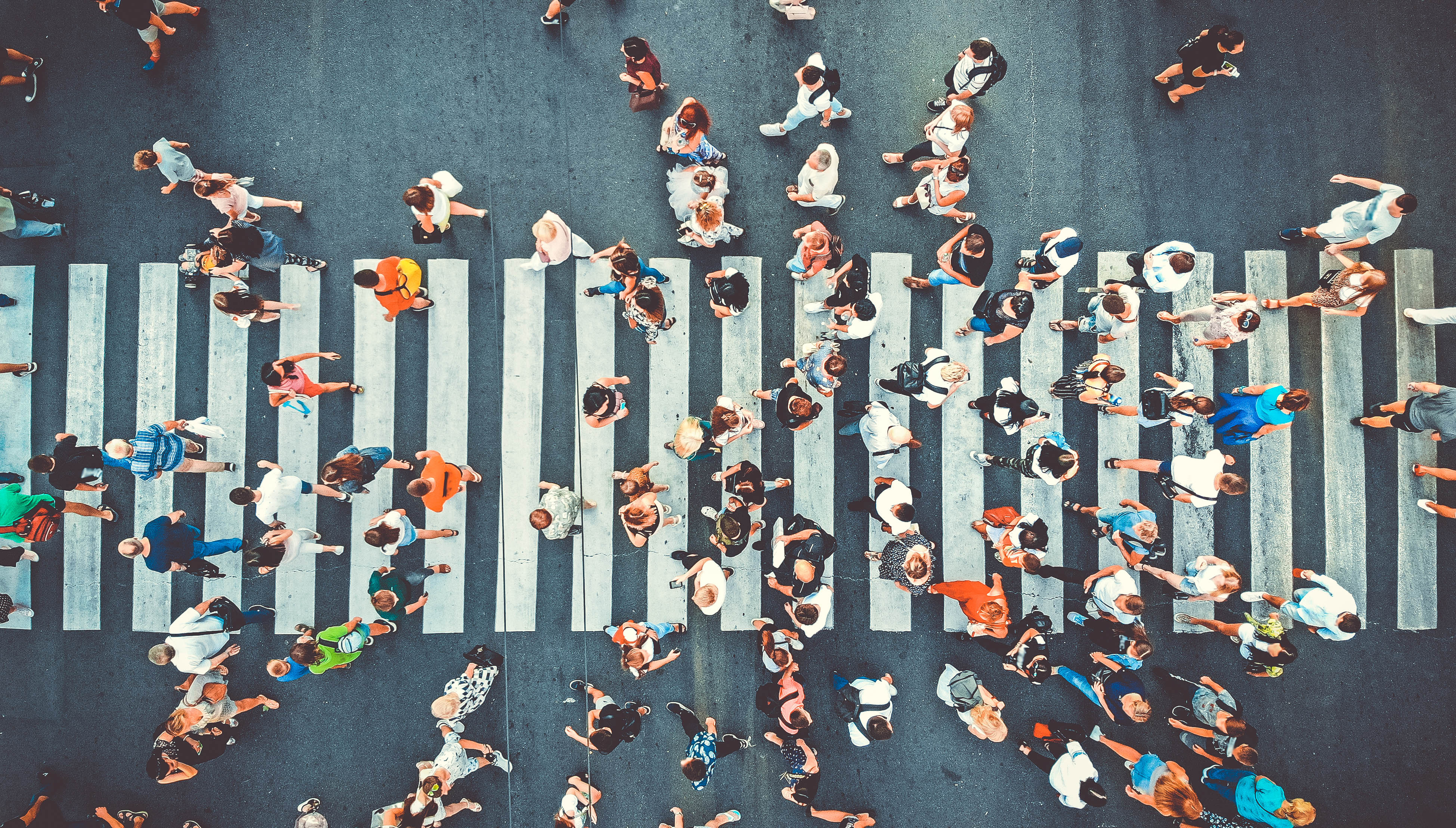 People crowd on pedestrian crosswalk. Top view background.